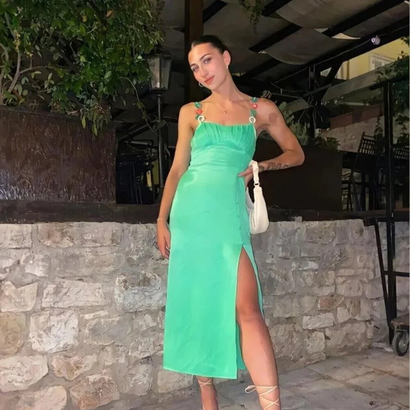 Zara Chain Strap Satin Effect Corset Style Midi Dress NWT Green Size Small - Picture 2 of 13